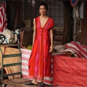 Zara NWT Sunset Tie Dye Pink& Red Beaded Abstract V Neck Sleeveless Kaftan Dress